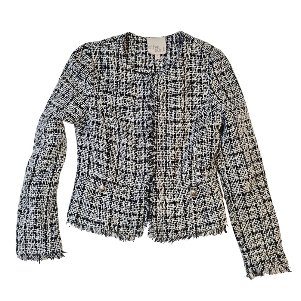 Olive & Oak Womens Black White Tweed Fringe Trim Open Front Jacket Size Small